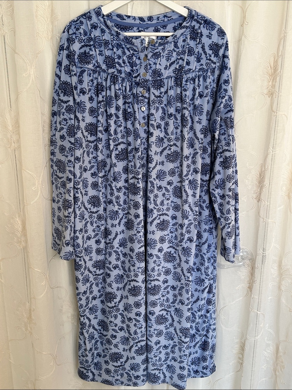 Aria Collection Blue Floral Fleece Long Sleeve Henley Nightgown XL